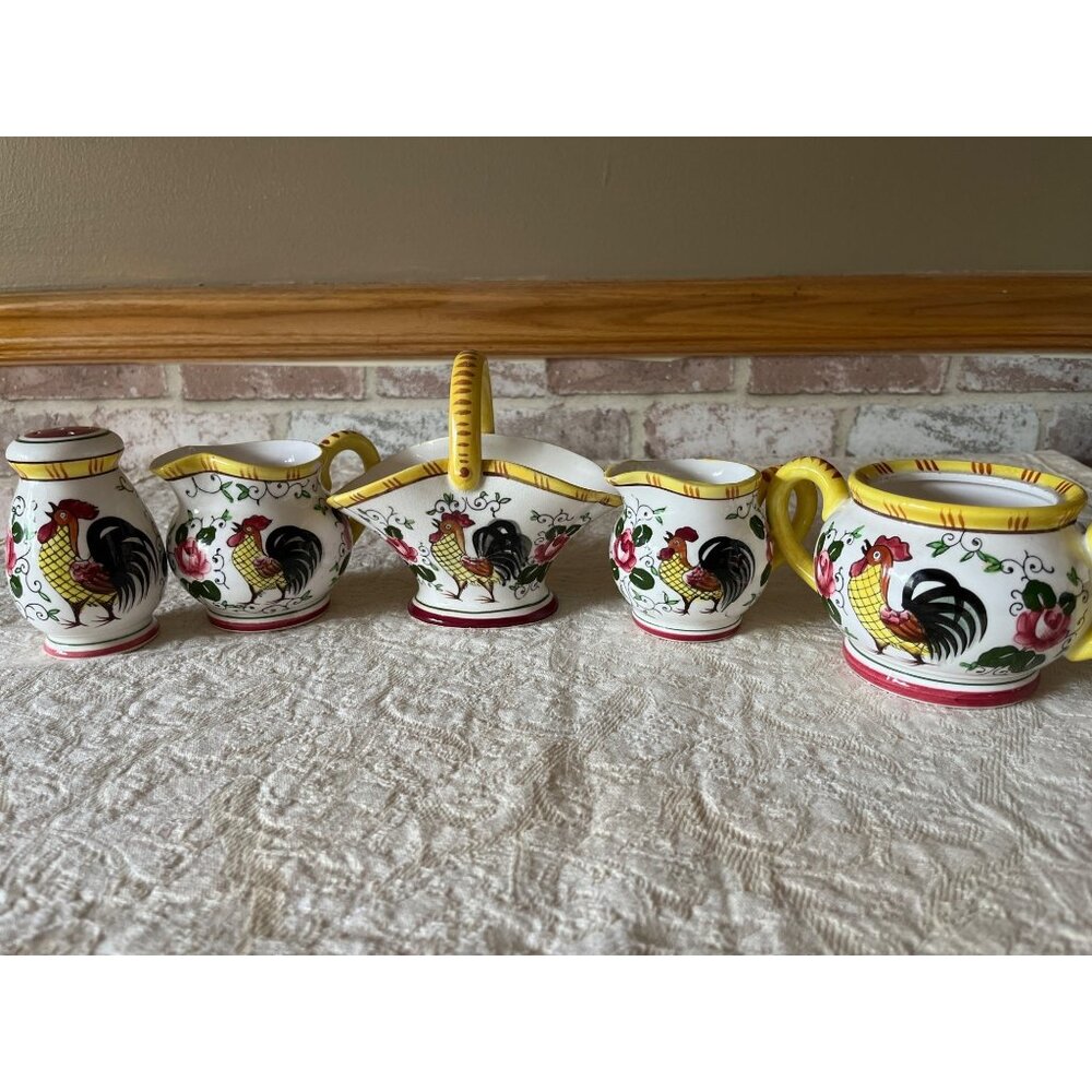 Py Hand-Painted Ceramic Rooster & Floral Tea Set & Salt Shaker READ SEE